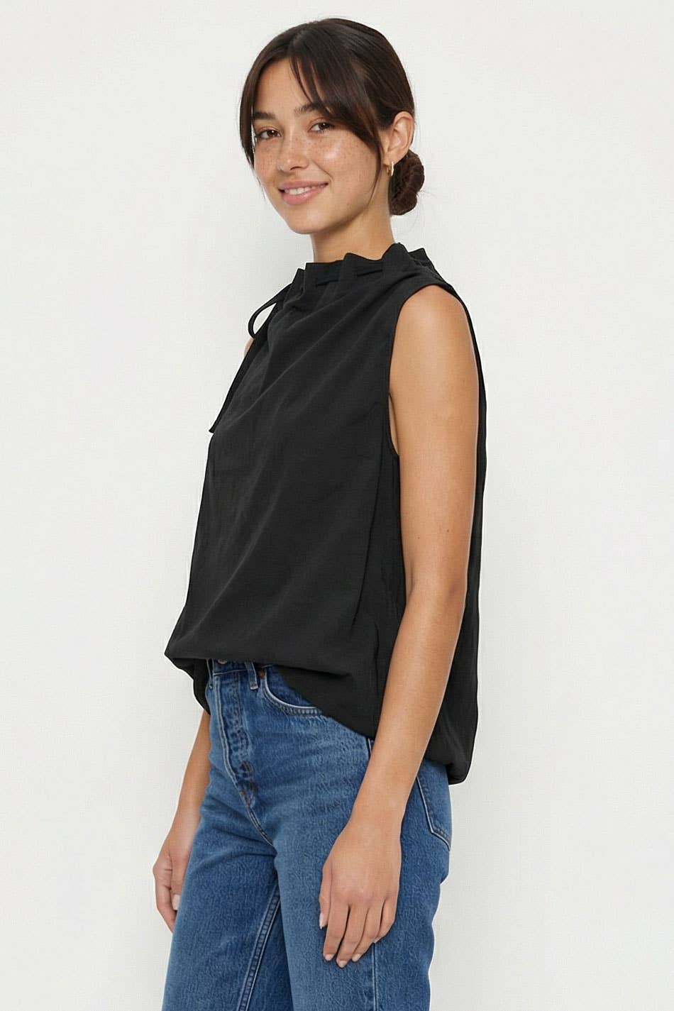 Cinched Mock Neck Sleeveless Top