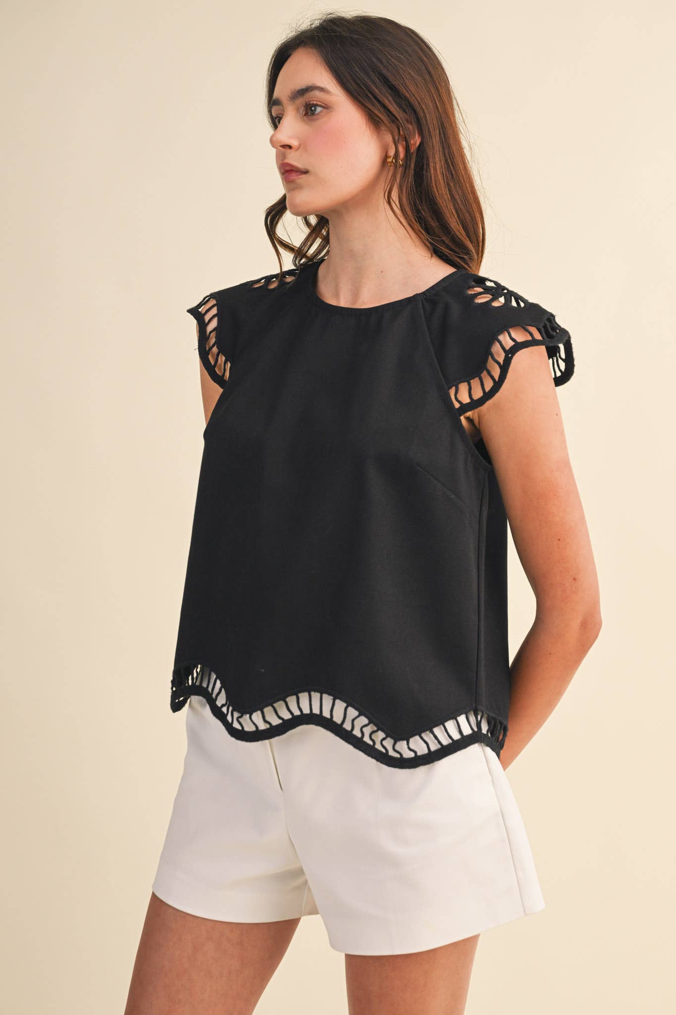 Embroidered Cut-Out Cap Sleeve Top
