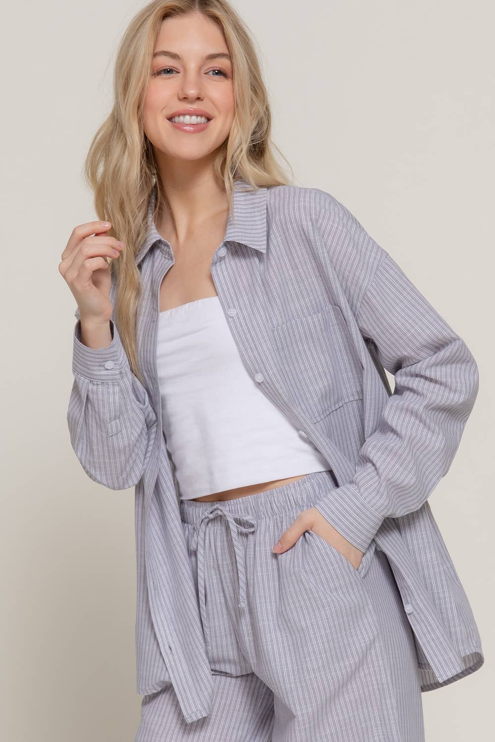 Long Sleeve Button Down Stripe Gauze Shirt