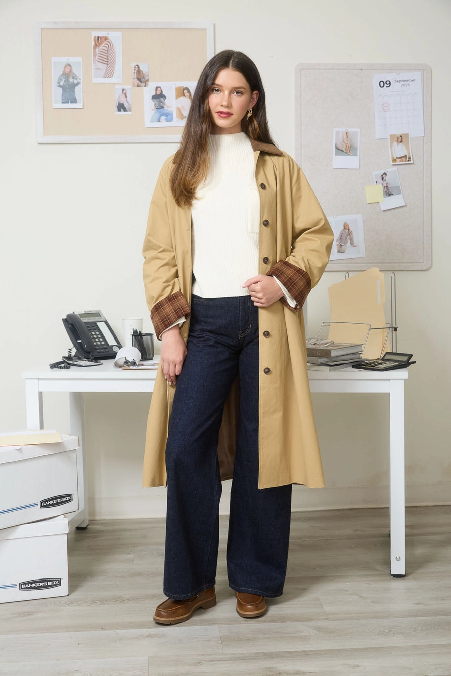 Corduroy Collar Plaid Sleeve Coat