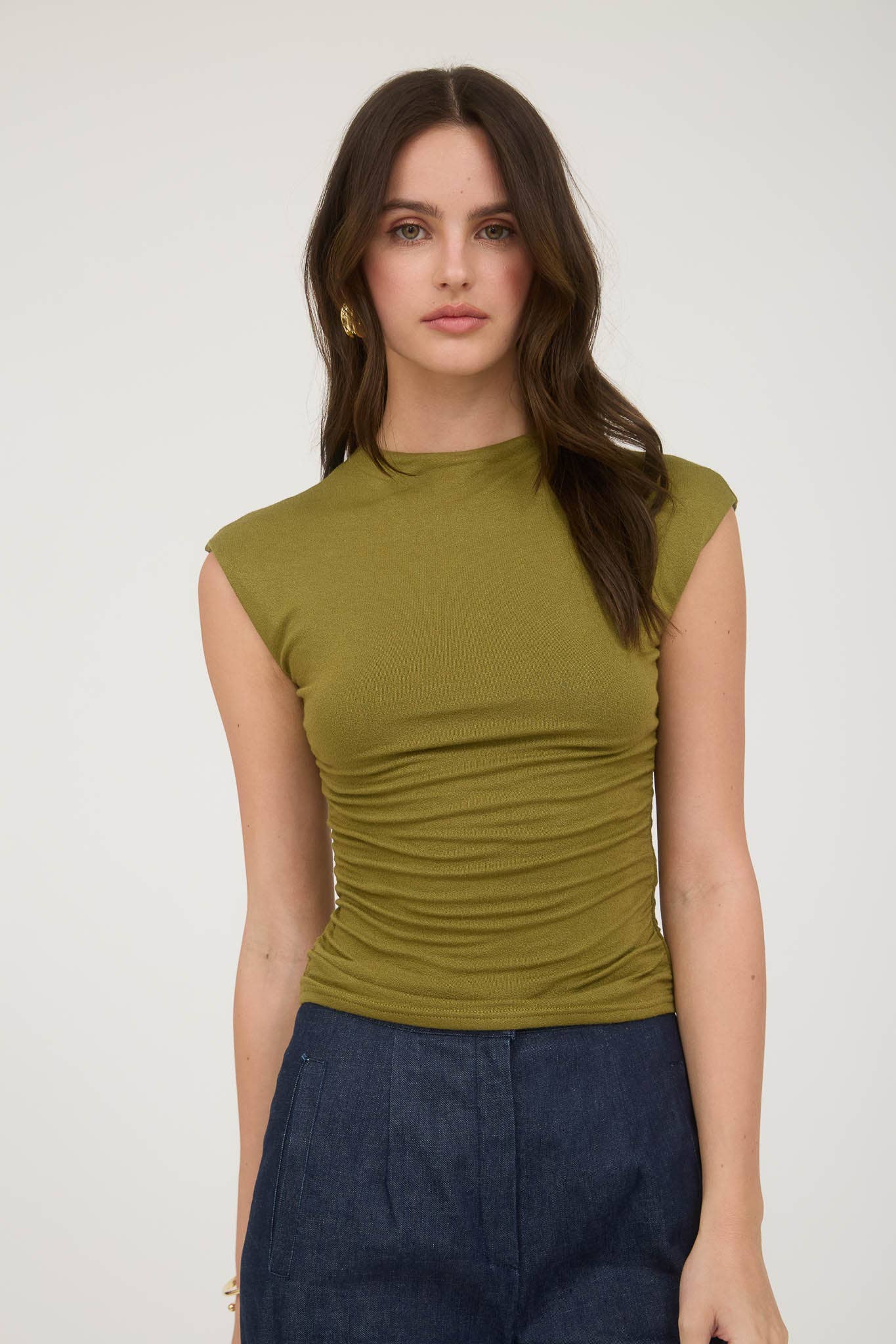 White Reversible Funnel Neck Scrunch Knit Top