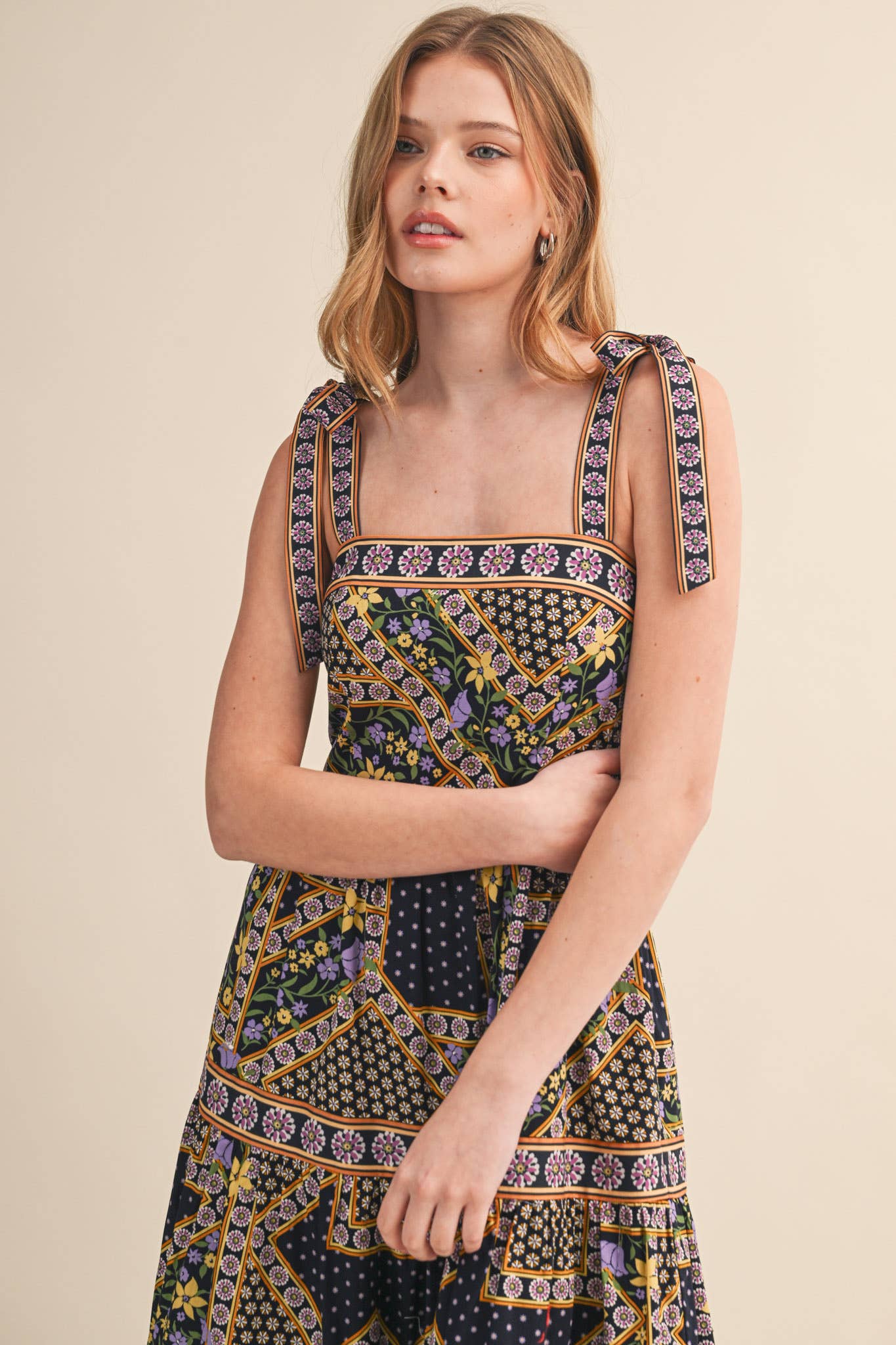 Patchwork Tie Strap Midi Dress