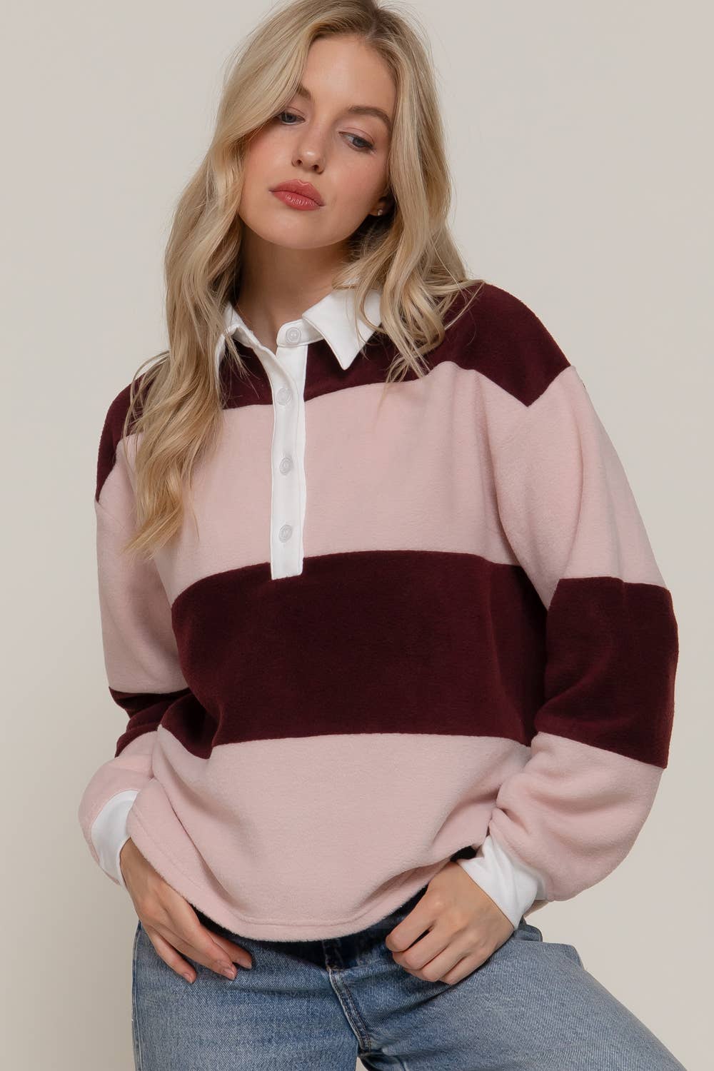 Rugby Stripe Fleece Polo Top