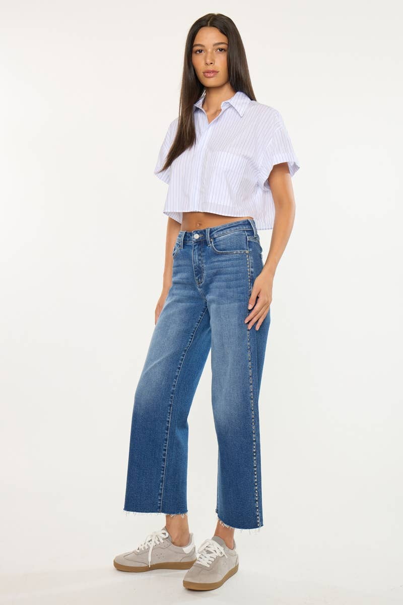 High Rise Crop Wide Leg Studded Jeans