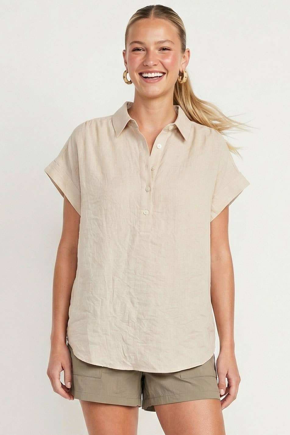 Cotton Short Sleeve Popover Blouse