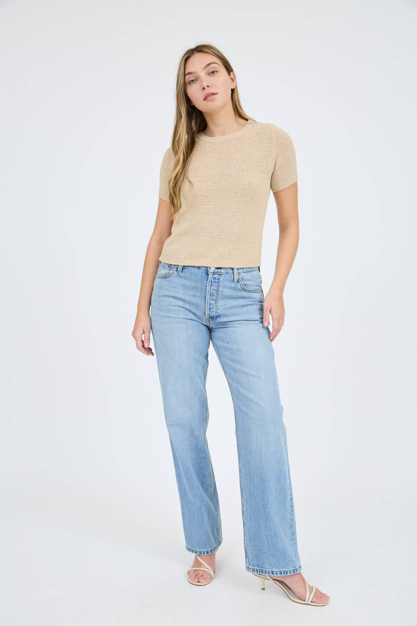 Crew Neck Short Sleeve Knit Pullover Sweater