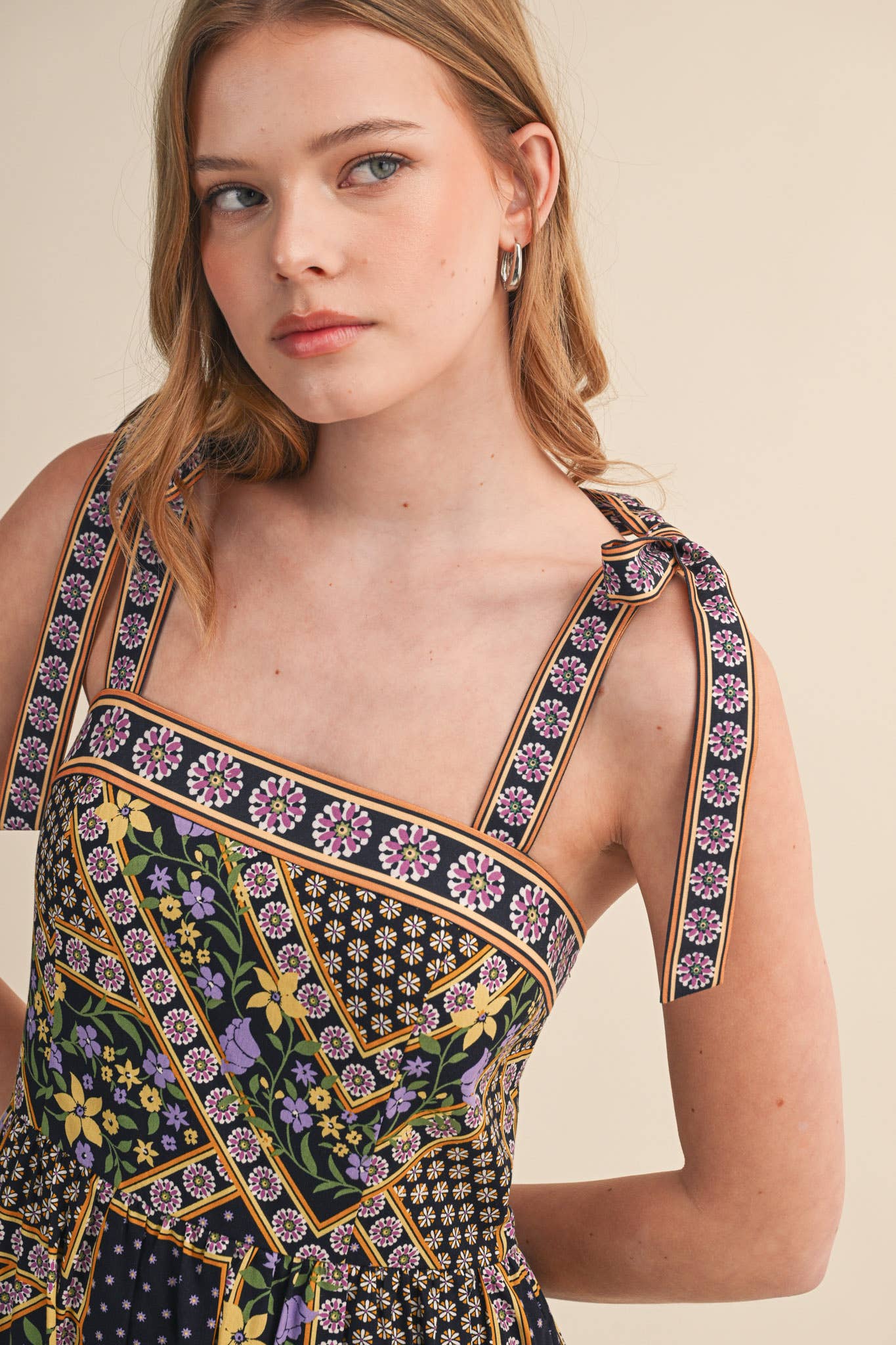 Patchwork Tie Strap Midi Dress