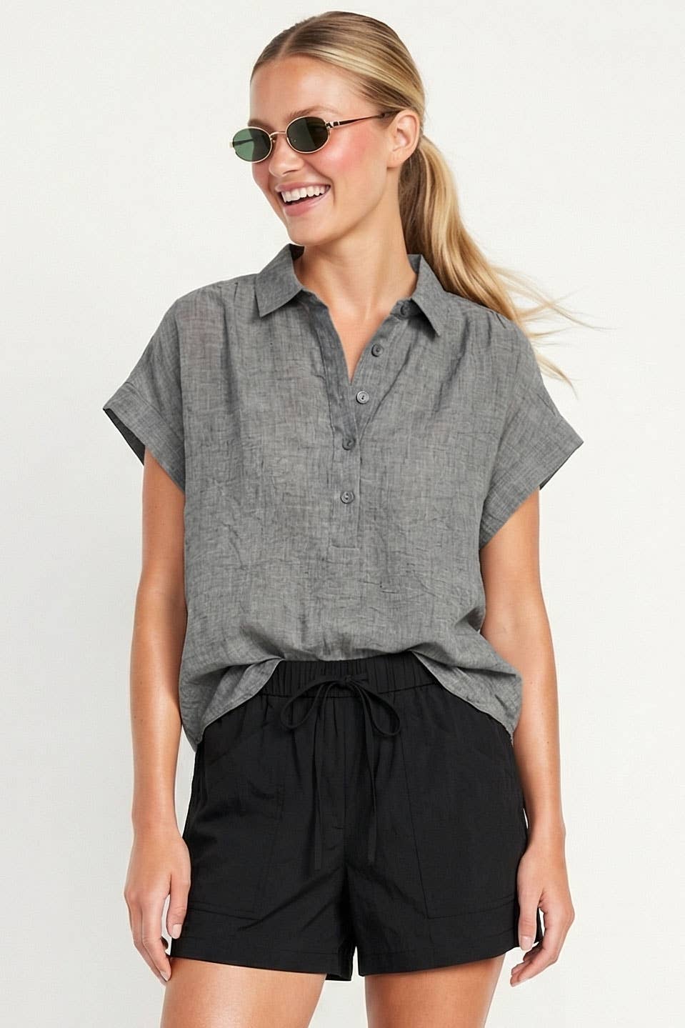 Cotton Short Sleeve Popover Blouse