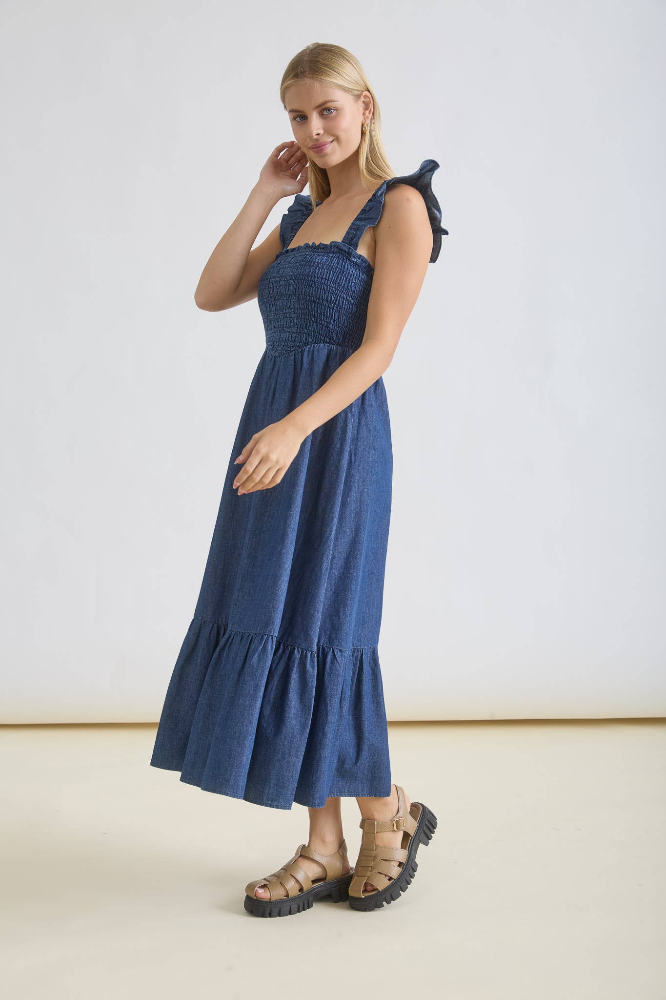 Denim Ruffle Strap Smocked Midi Dress