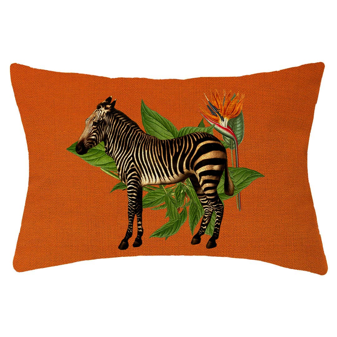 Zebra on Orange Linen Lumbar Pillow