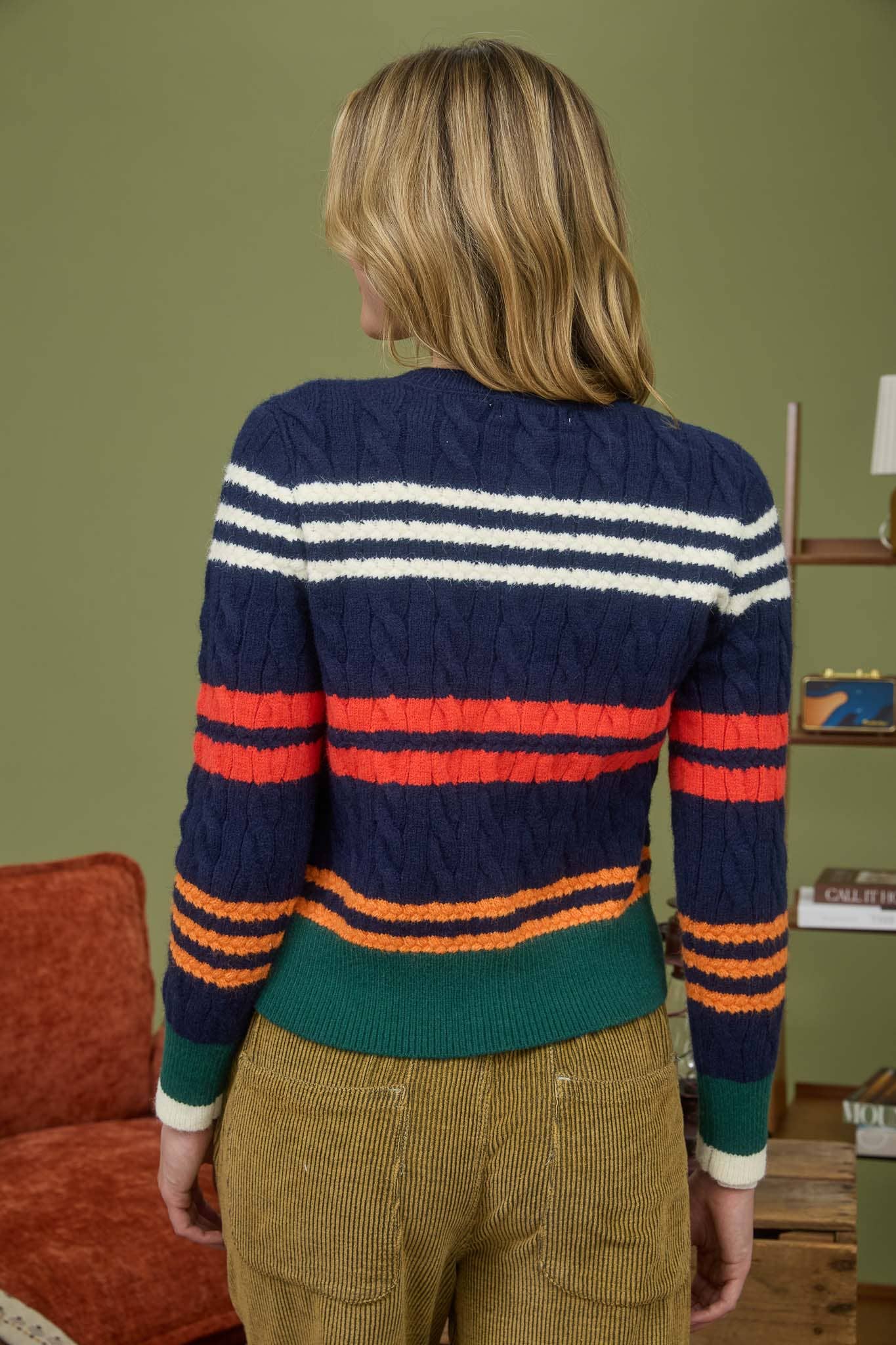 Stripe Cable Knit Button-Down Sweater