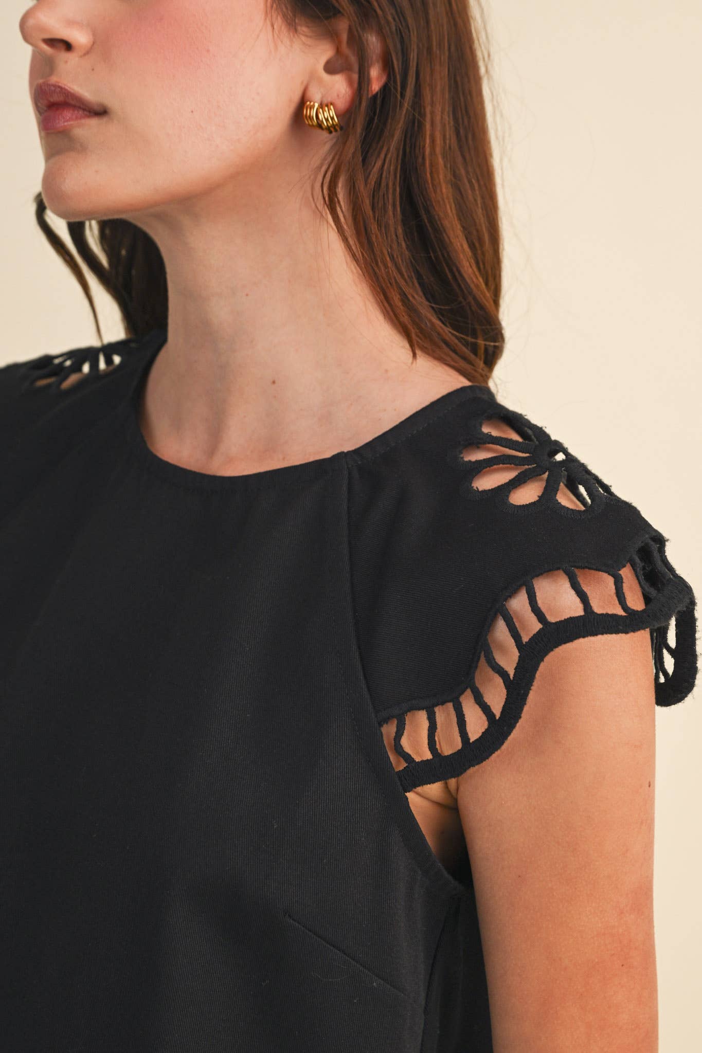 Embroidered Cut-Out Cap Sleeve Top