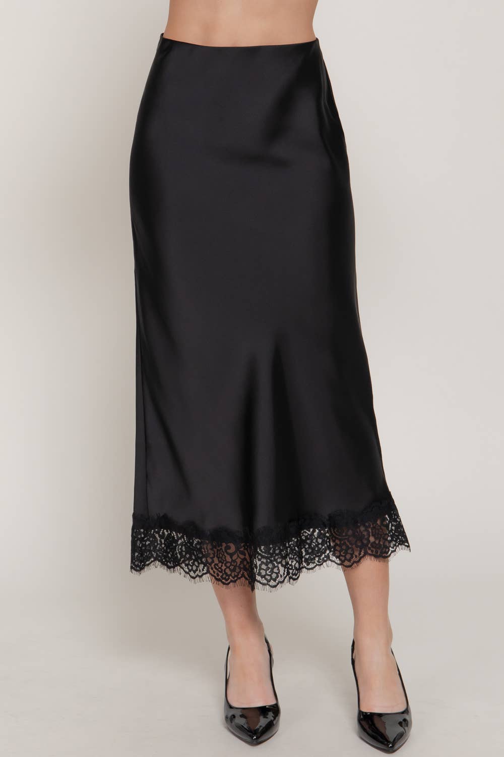 Lace Trim Satin Midi Skirt
