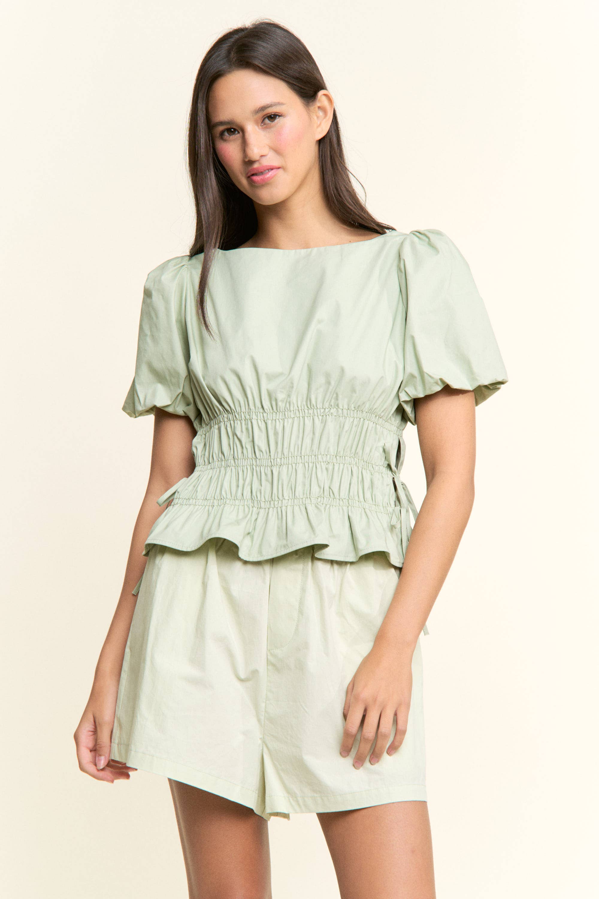 Boat Neckline Smocked Puff Sleeve Top
