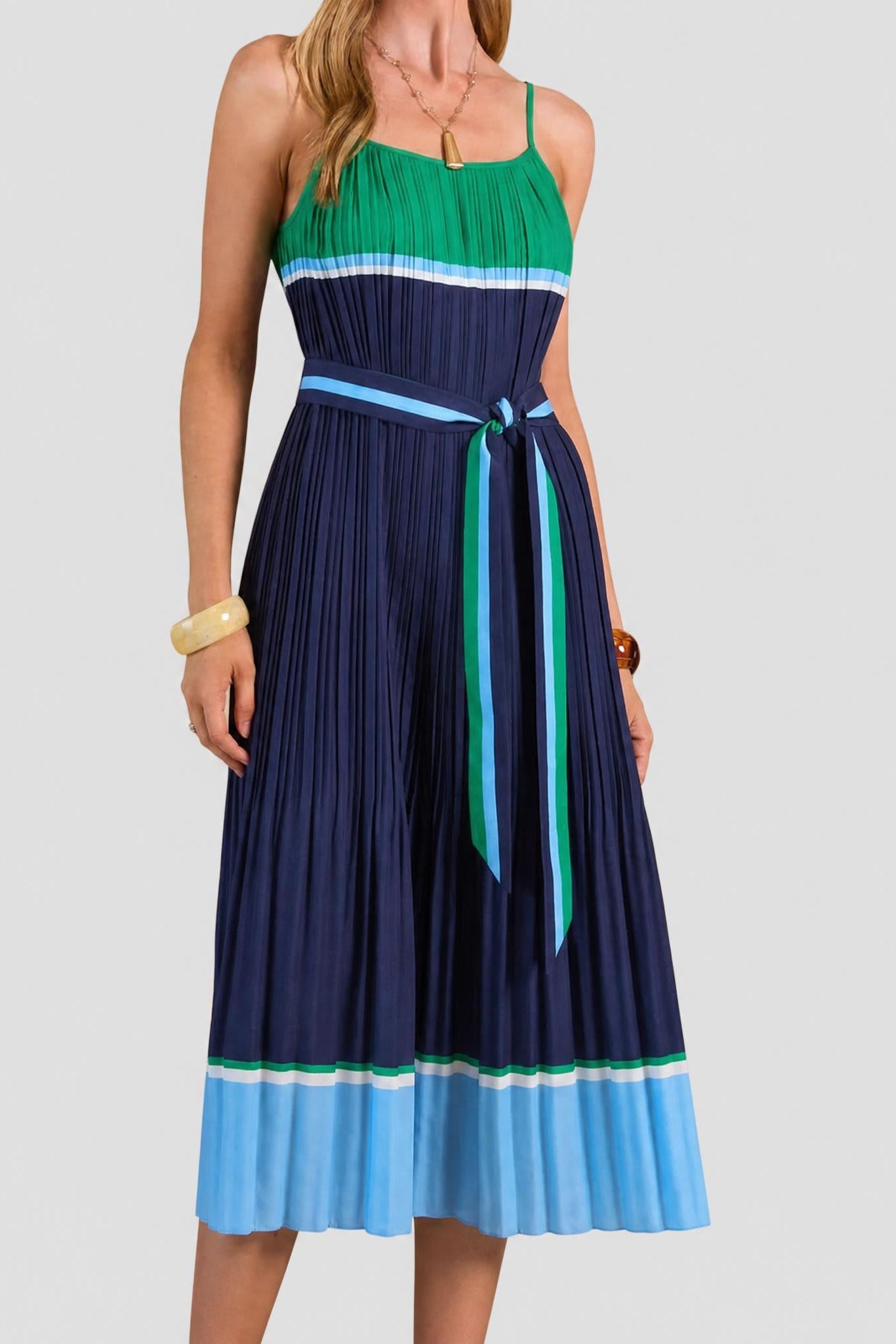 Color Block Pleated Midi Dress