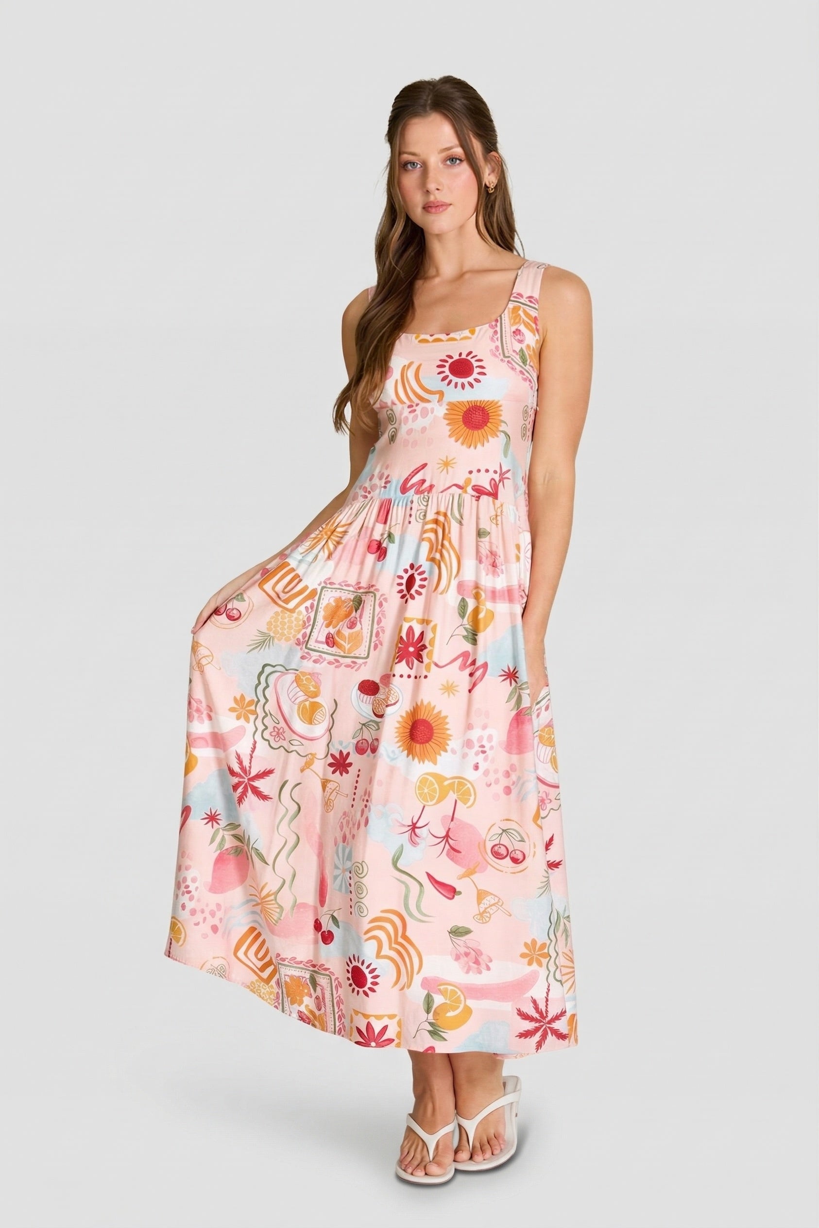 midi summer dress sleeveless Summer Print Sleeveless Midi Sundress, M