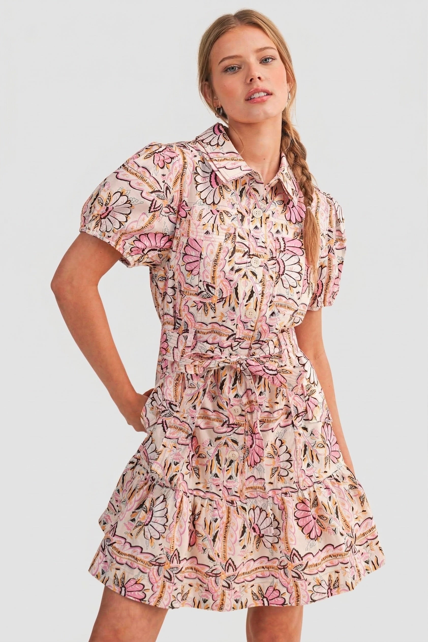 Floral Button Down Puff Sleeve Mini Dress