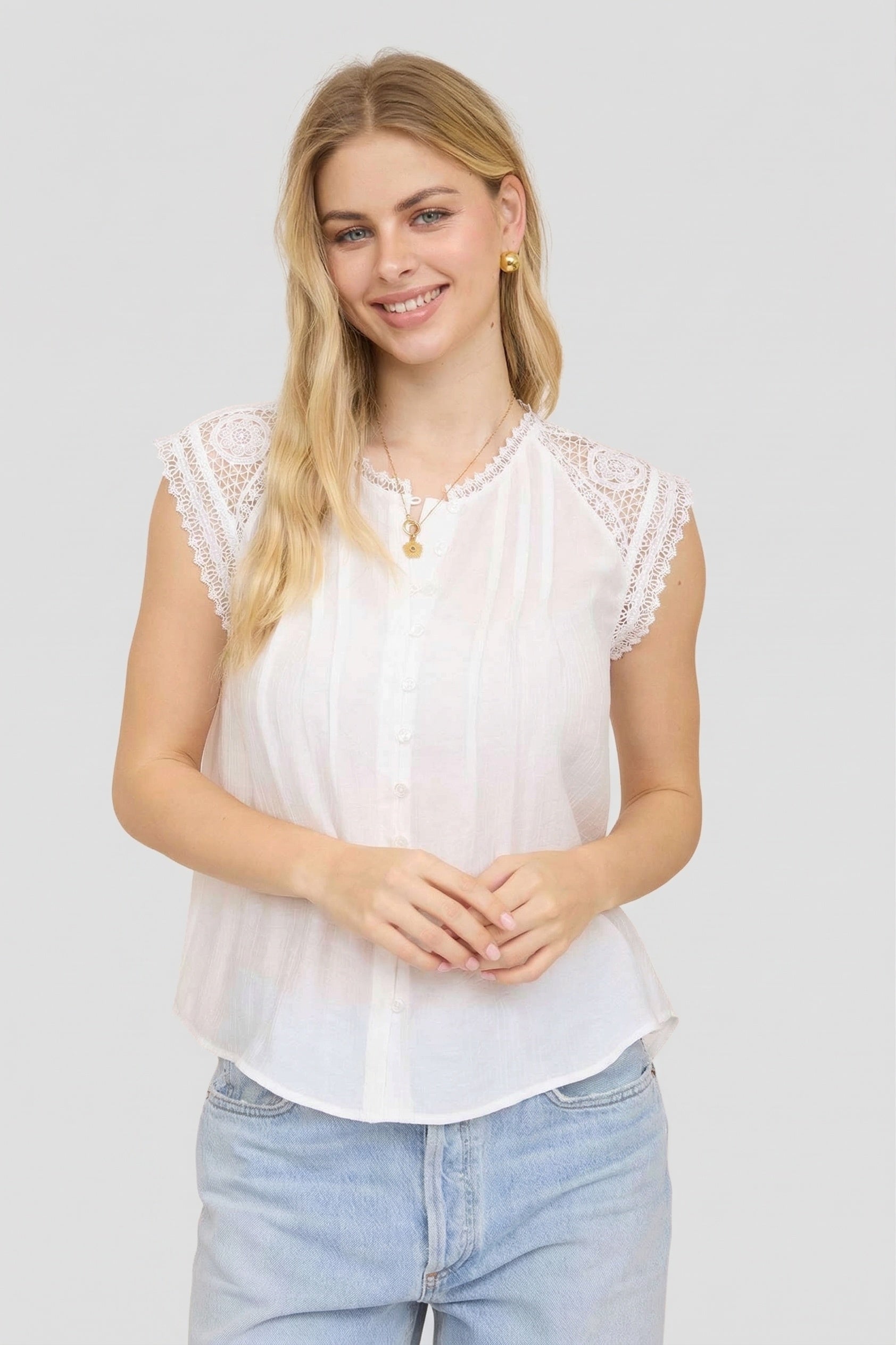Lace Shoulder Button Blouse