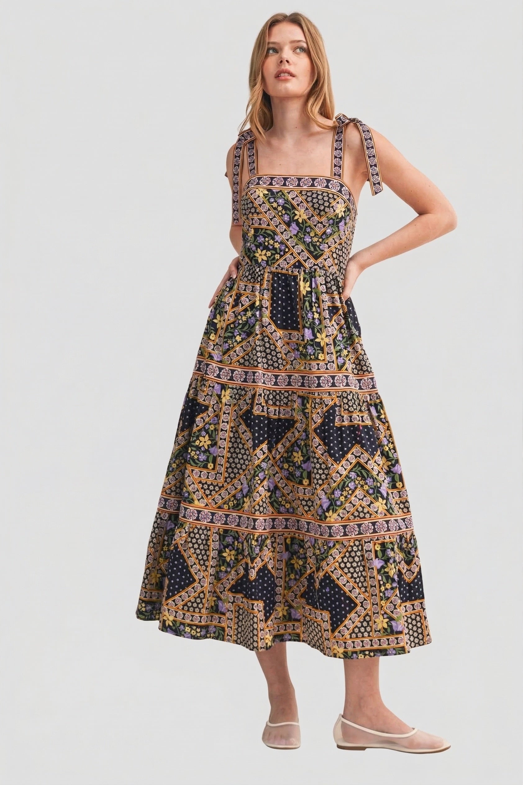Patchwork Tie Strap Midi Dress