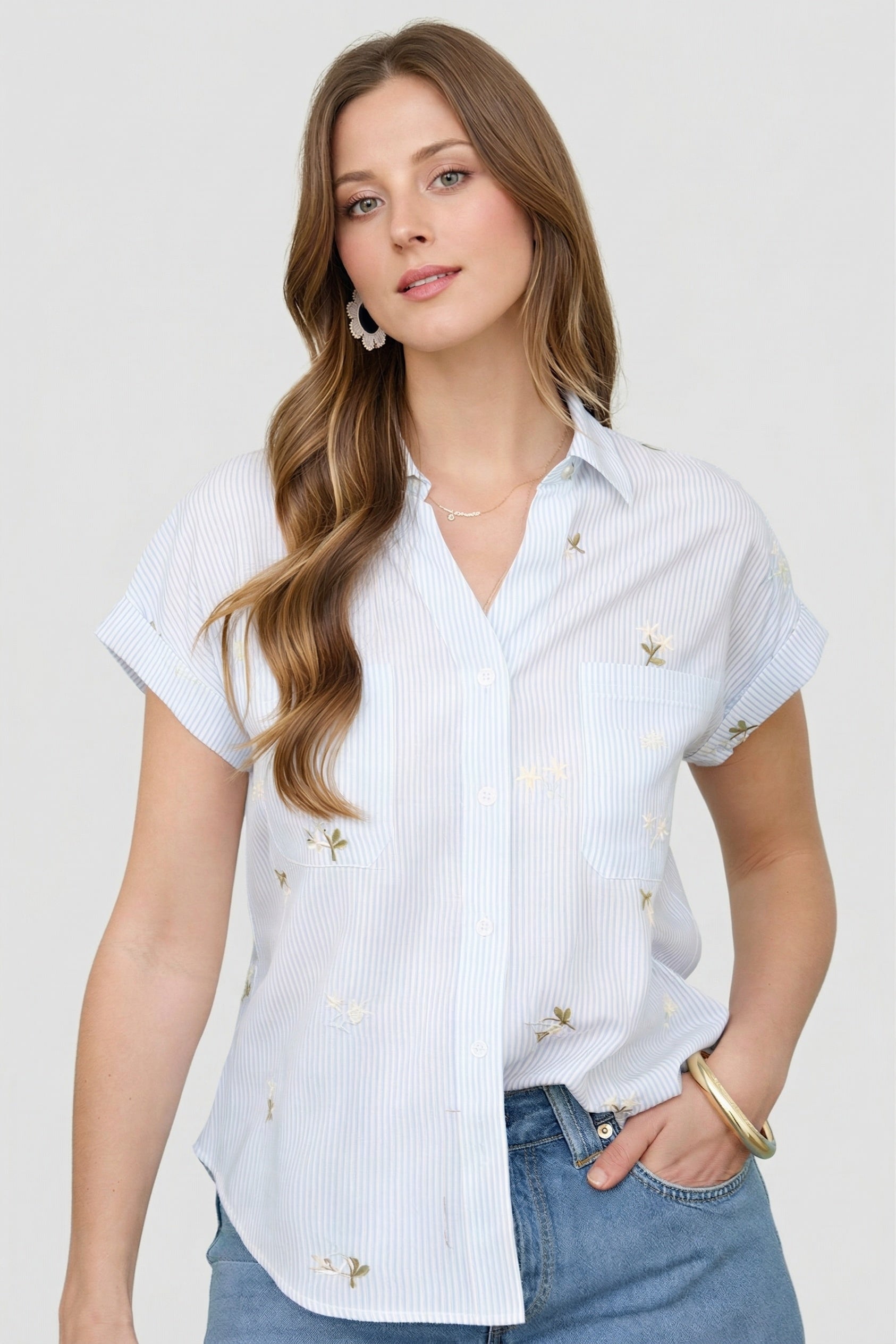 Embroidered Pinstripe Collared Shirt