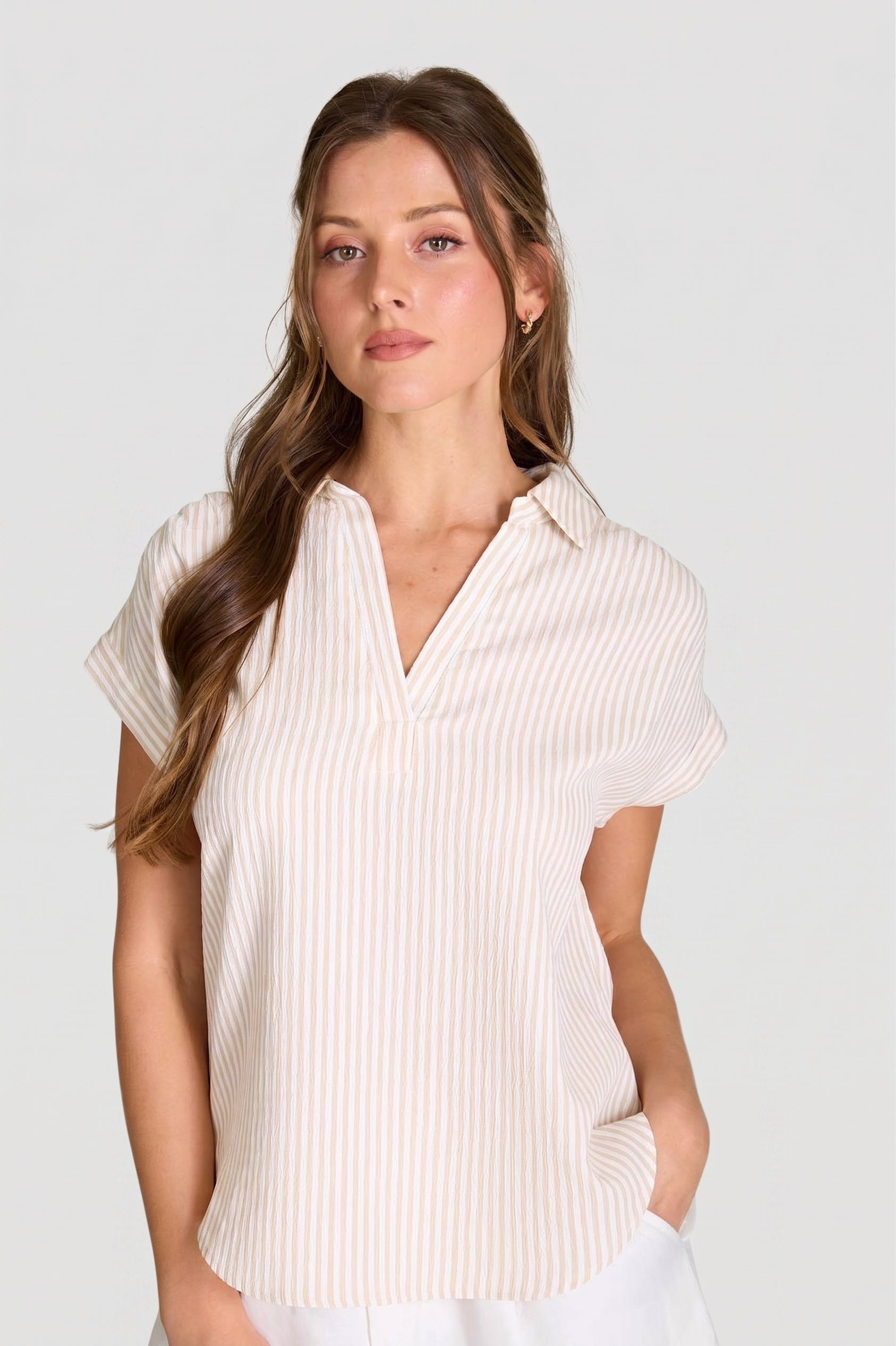 Stripe Collared V Neck Cuff Sleeve Shirt