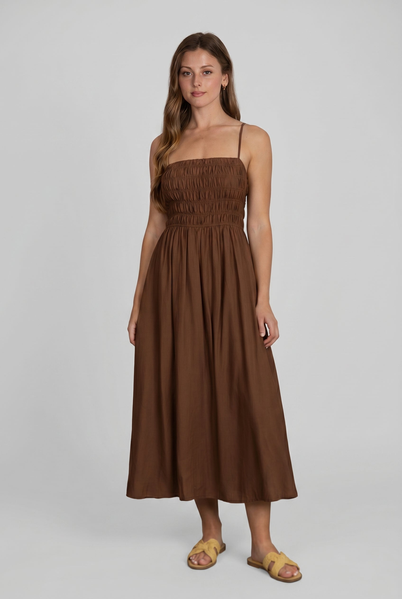 Shirred Bodice Midi Dress, L