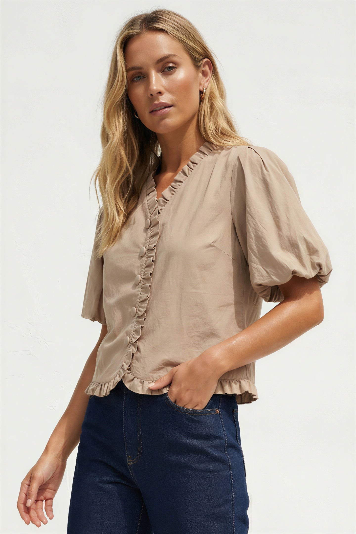 Ruffle Detail Bubble Sleeve Top