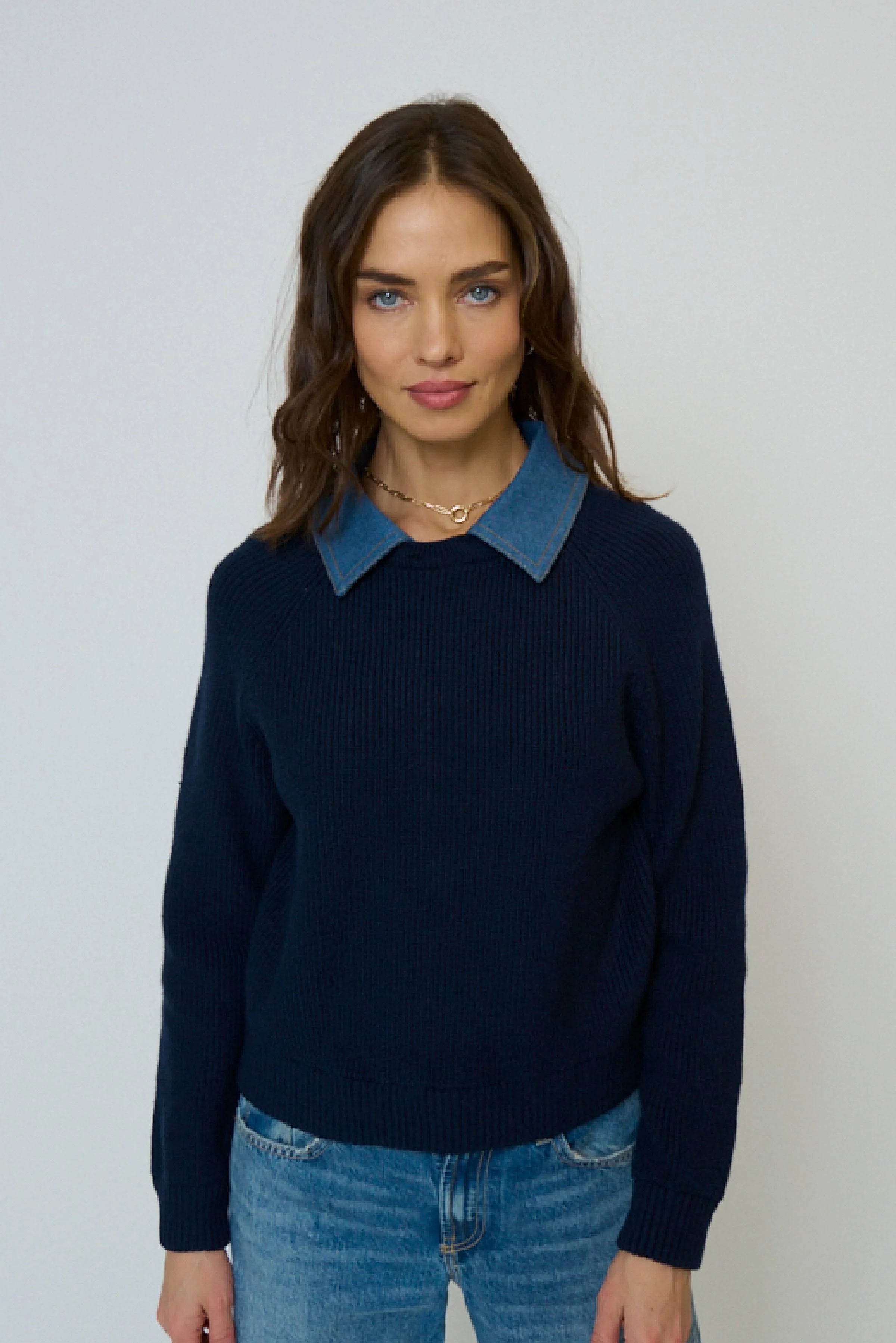 Central Park West Dash Denim Collar Pullover