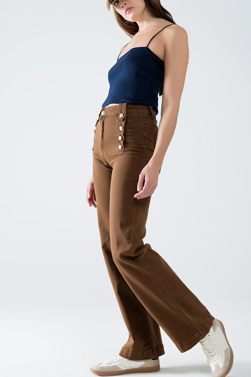 Straight Camel Jeans w/ Gold Buttons