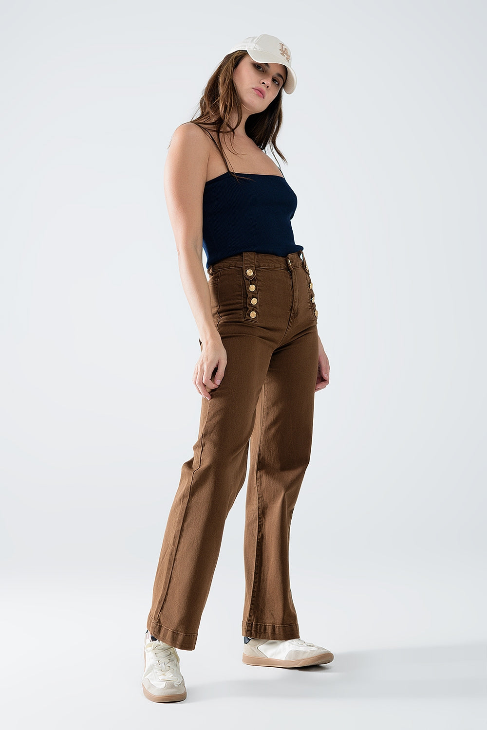 Straight Camel Jeans w/ Gold Buttons