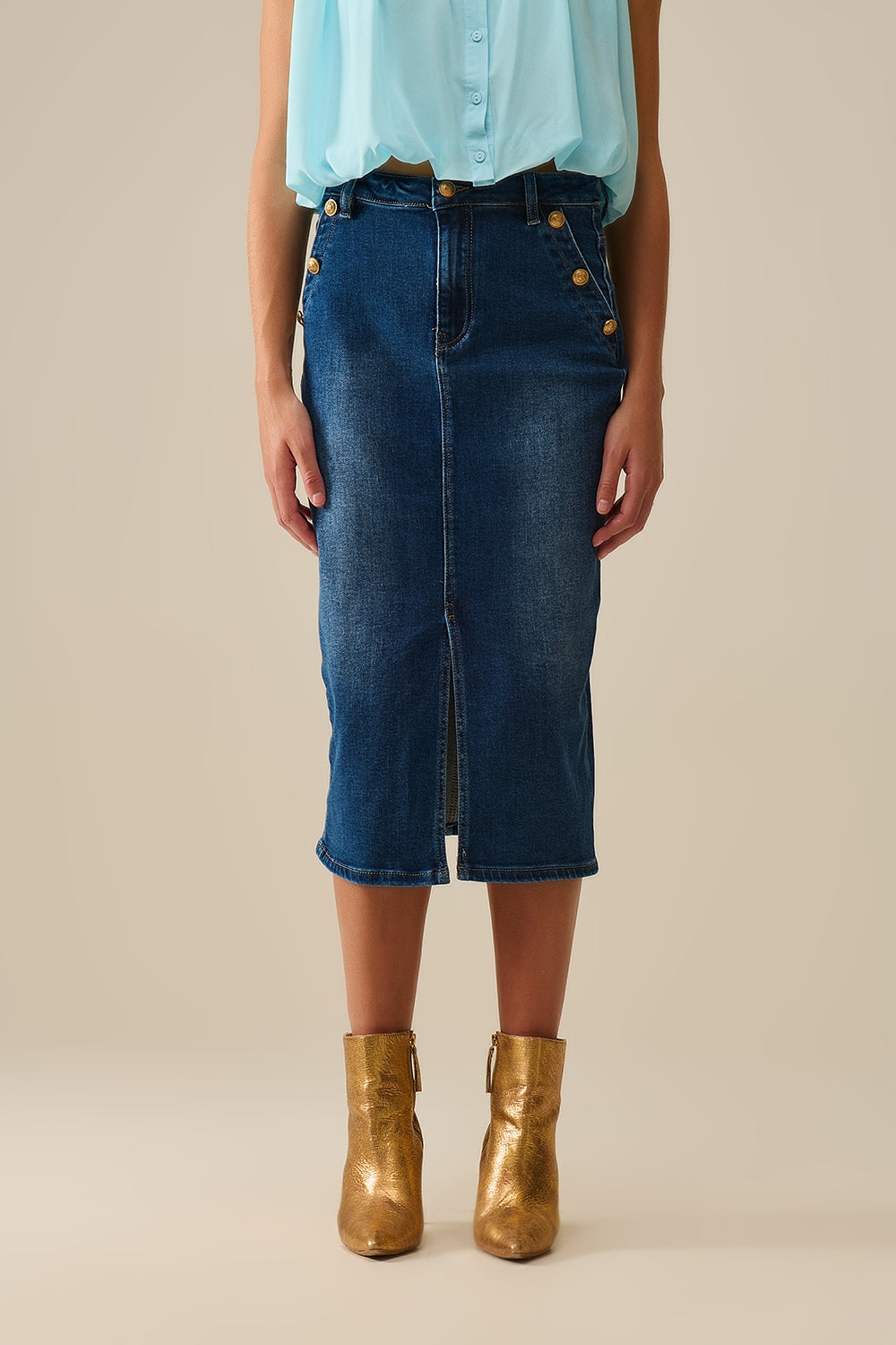 Denim Midi Skirt w/ Gold Button Detail