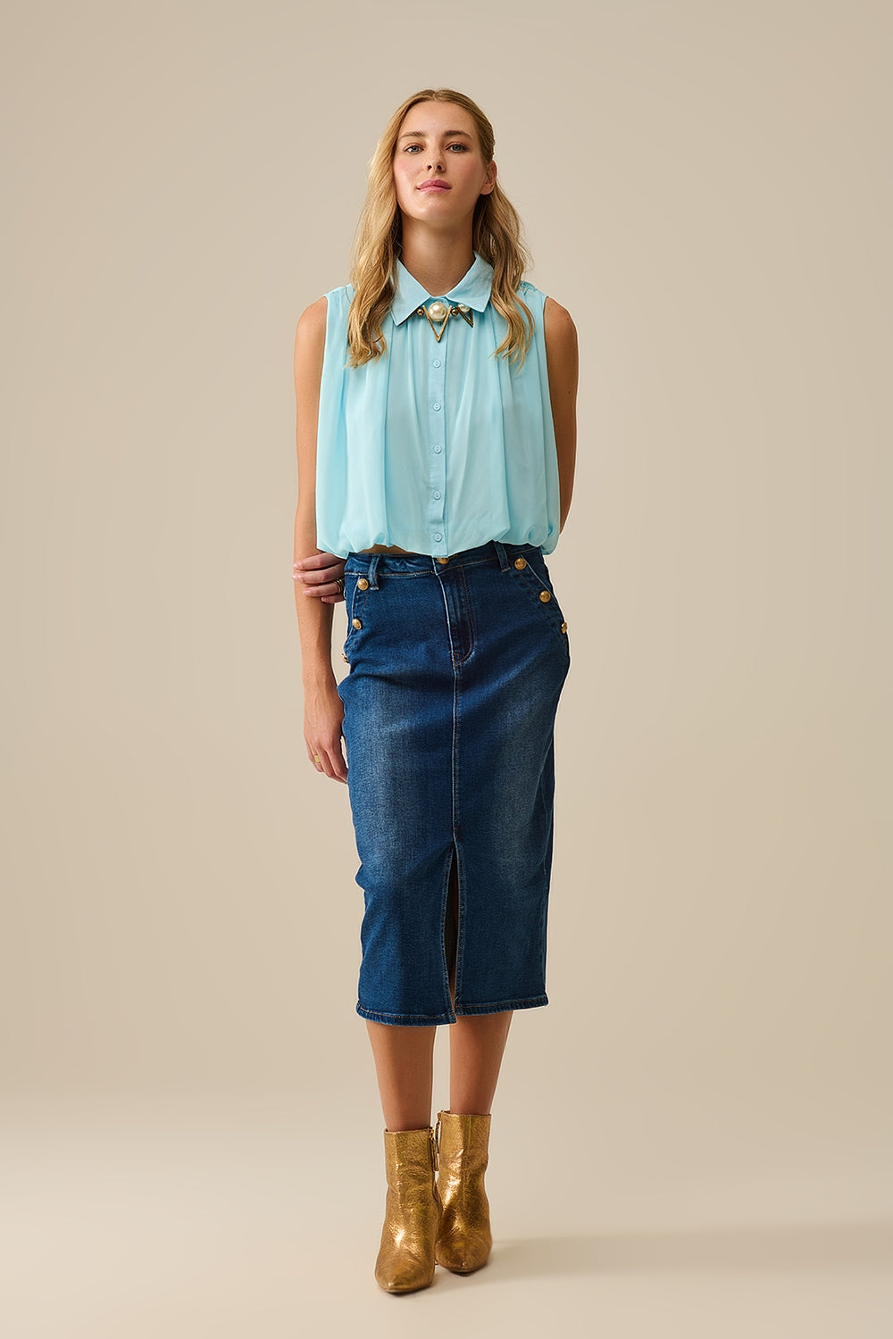 Denim Midi Skirt w/ Gold Button Detail