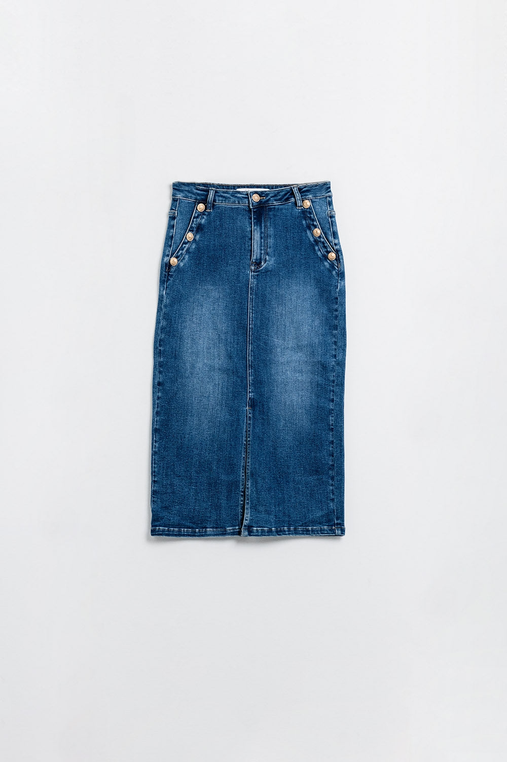 Denim Midi Skirt w/ Gold Button Detail