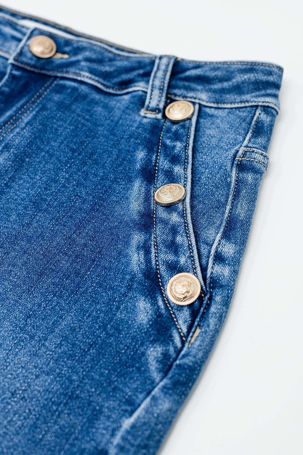 Denim Midi Skirt w/ Gold Button Detail