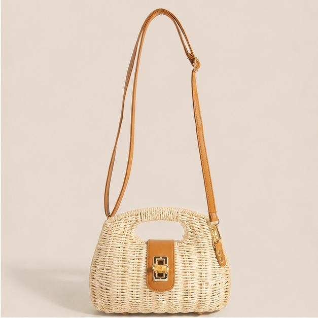 Leather Strap Accent Braided Hand Bag