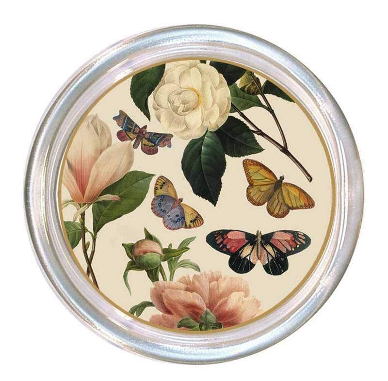 Antique Floral Butterfly Glass Coaster Dish