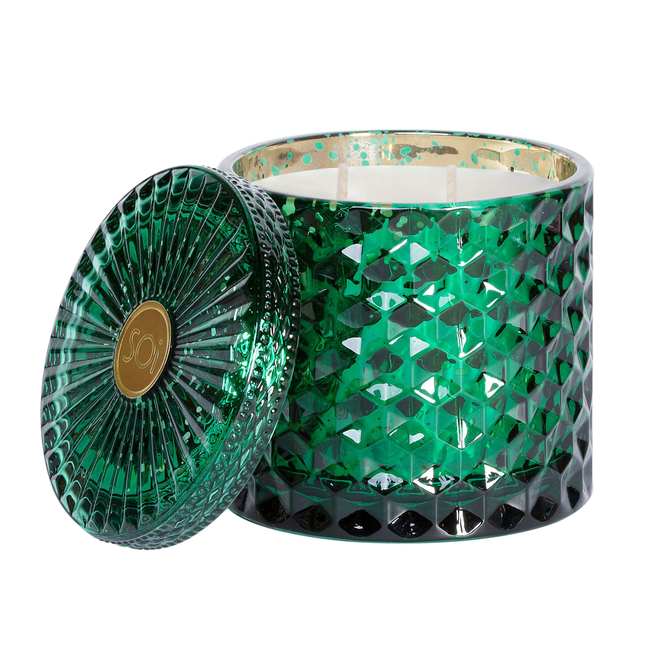 Mistletoe & Holly Shimmer Double Wick Candle front green | MILK MONEY milkmoney.co | soy wax candles, small candles. natural candles, organic candles, scented soy candles, concrete candle, hand poured candles, hand poured soy candles, cement candle, hand poured soy wax candles, scented hand poured candles, hand poured scented candles