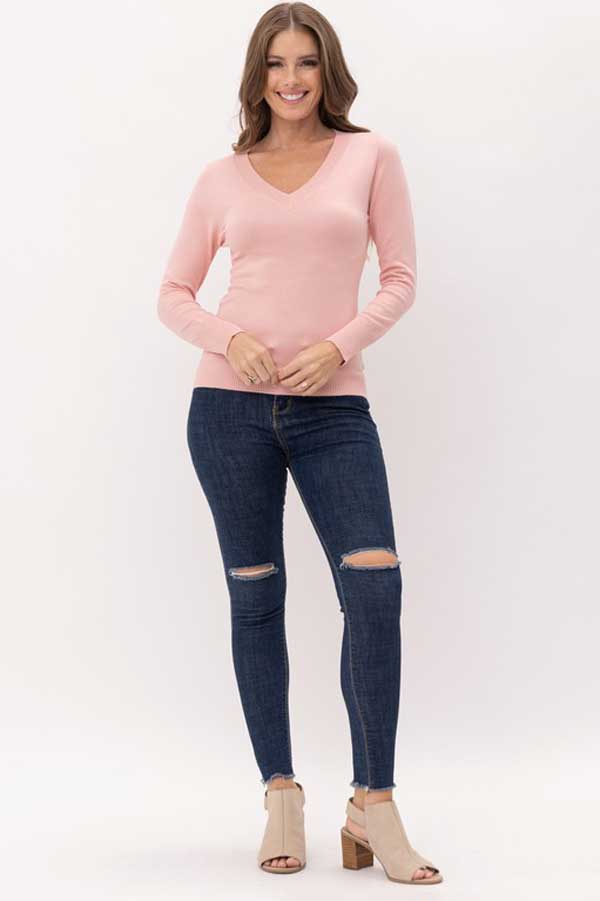 Classic V-Neck Long Sleeve Sweater pink front | MILK MONEY milkmoney.co | cute clothes for women. womens online clothing. trendy online clothing stores. womens casual clothing online. trendy clothes online. trendy women's clothing online. ladies online clothing stores. trendy women's clothing stores. cute female clothes.