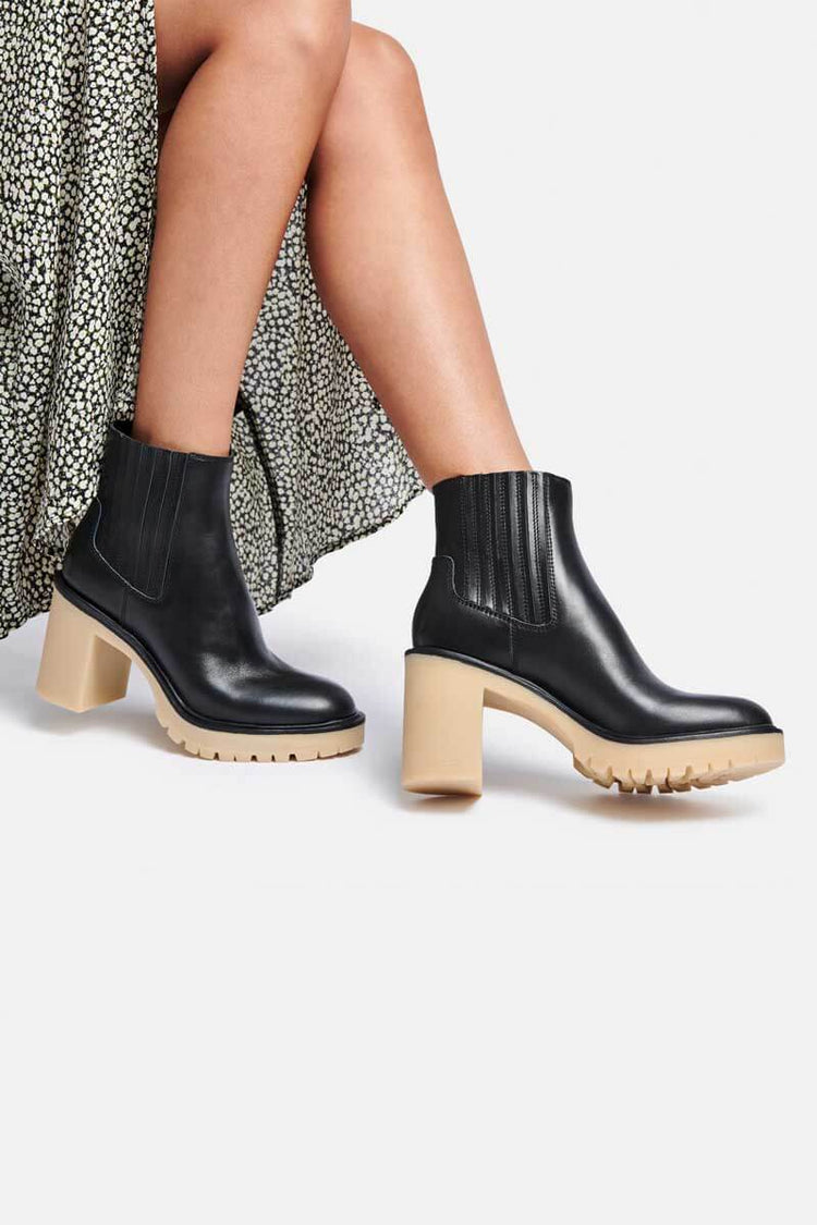 Dolce Vita Caster H2O Waterproof Block Heel Bootie black leather model | MILK MONEY milkmoney.co | cute shoes for women. ladies shoes. nice shoes for women. ladies shoes online. ladies footwear. womens shoes and boots. pretty shoes for women. beautiful shoes for women.