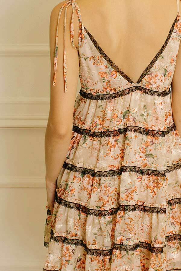 Floral Tiered Mini Dress beige back | MILK MONEY milkmoney.co | cute clothes for women. womens online clothing. trendy online clothing stores. womens casual clothing online. trendy clothes online. trendy women's clothing online. ladies online clothing stores. trendy women's clothing stores. cute female clothes.