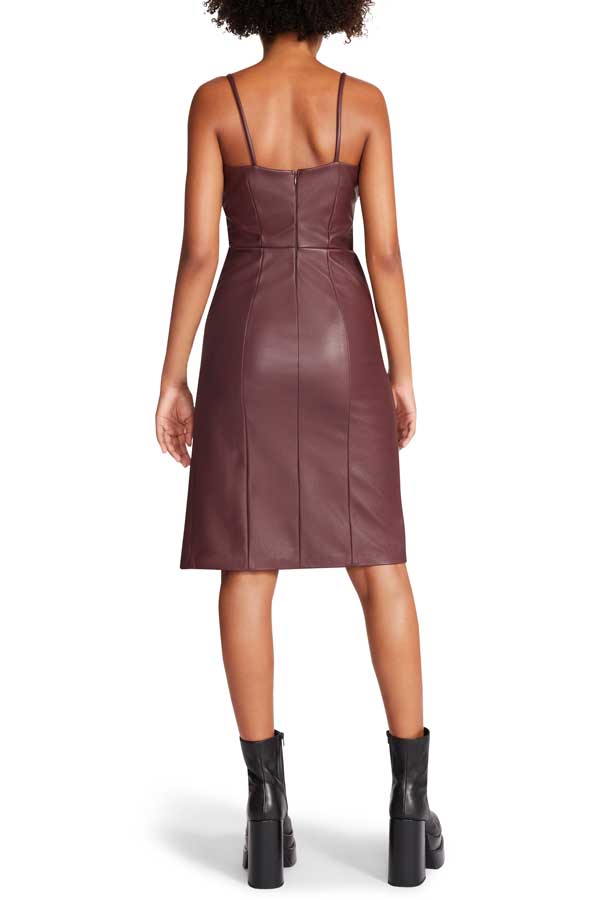 Steve Madden Giselle Faux Leather Sheath Dress brown back | MILK MONEY milkmoney.co | cute clothes for women. womens online clothing. trendy online clothing stores. womens casual clothing online. trendy clothes online. trendy women's clothing online. ladies online clothing stores. trendy women's clothing stores. cute female clothes.