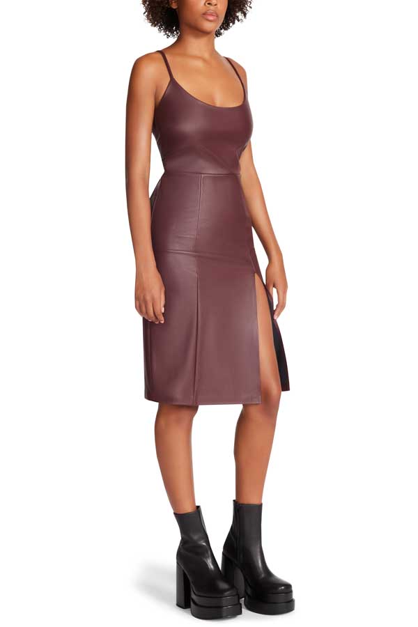 Steve Madden Giselle Faux Leather Sheath Dress brown side | MILK MONEY milkmoney.co | cute clothes for women. womens online clothing. trendy online clothing stores. womens casual clothing online. trendy clothes online. trendy women's clothing online. ladies online clothing stores. trendy women's clothing stores. cute female clothes.