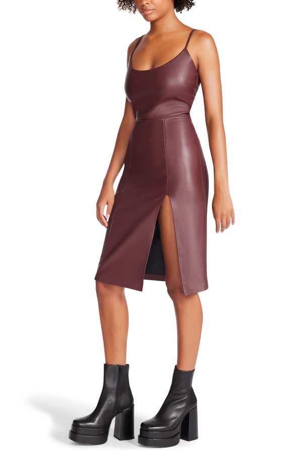 Steve Madden Giselle Faux Leather Sheath Dress brown side | MILK MONEY milkmoney.co | cute clothes for women. womens online clothing. trendy online clothing stores. womens casual clothing online. trendy clothes online. trendy women's clothing online. ladies online clothing stores. trendy women's clothing stores. cute female clothes.