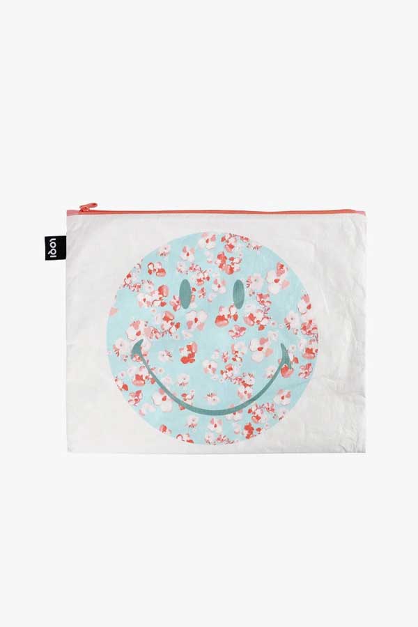 Loqi Smiley Tyvek Blossom Zip Pockets large white front | MILK MONEY milkmoney.co | women's accessories. cute accessories. trendy accessories. cute accessories for girls. ladies accessories. women's fashion accessories.