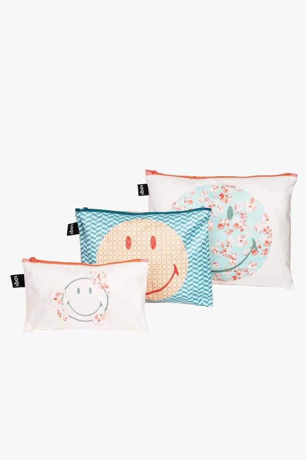 Loqi Smiley Tyvek Blossom Zip Pockets set of 3 front | MILK MONEY milkmoney.co | women's accessories. cute accessories. trendy accessories. cute accessories for girls. ladies accessories. women's fashion accessories.