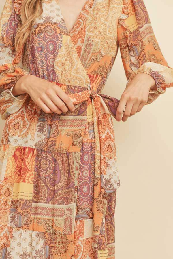 Patchwork Print Maxi Wrap Dress beige front | MILK MONEY milkmoney.co | cute clothes for women. womens online clothing. trendy online clothing stores. womens casual clothing online. trendy clothes online. trendy women's clothing online. ladies online clothing stores. trendy women's clothing stores. cute female clothes.