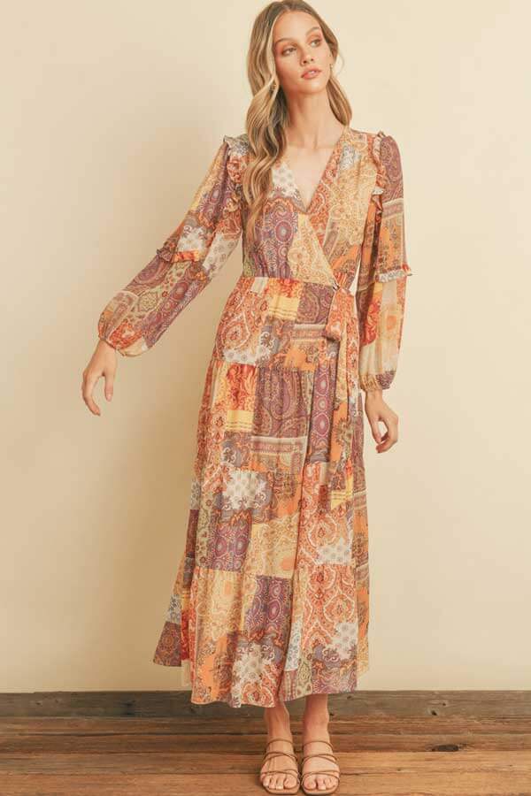 Patchwork Print Maxi Wrap Dress beige front | MILK MONEY milkmoney.co | cute clothes for women. womens online clothing. trendy online clothing stores. womens casual clothing online. trendy clothes online. trendy women's clothing online. ladies online clothing stores. trendy women's clothing stores. cute female clothes.