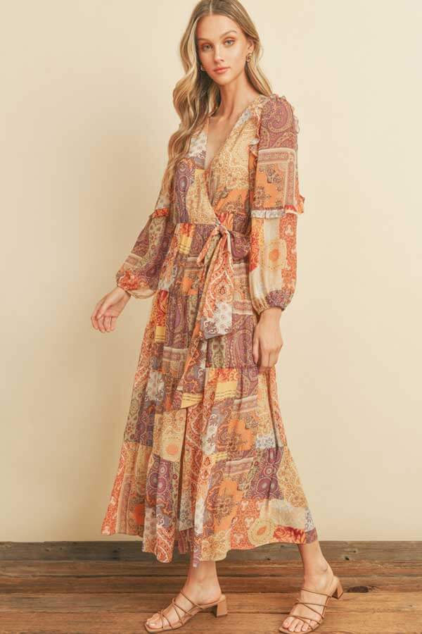 Patchwork Print Maxi Wrap Dress beige front | MILK MONEY milkmoney.co | cute clothes for women. womens online clothing. trendy online clothing stores. womens casual clothing online. trendy clothes online. trendy women's clothing online. ladies online clothing stores. trendy women's clothing stores. cute female clothes.