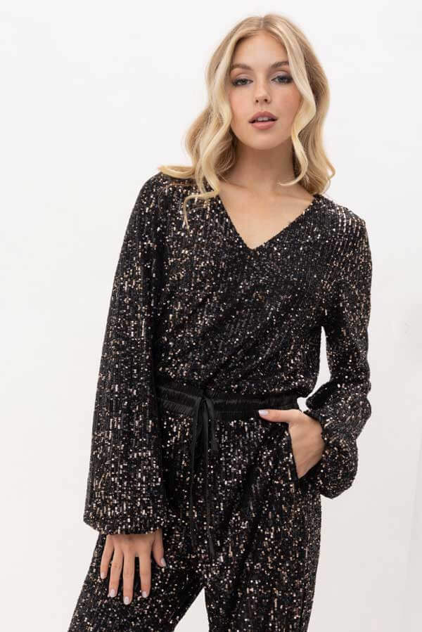 Sequins Jumpsuit black front | MILK MONEY milkmoney.co | cute clothes for women. womens online clothing. trendy online clothing stores. womens casual clothing online. trendy clothes online. trendy women's clothing online. ladies online clothing stores. trendy women's clothing stores. cute female clothes.