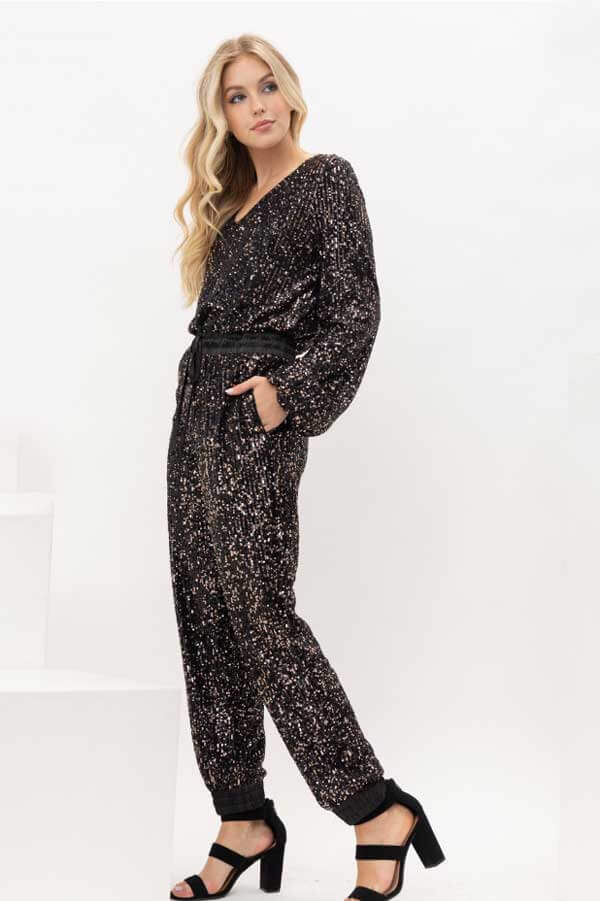Sequins Jumpsuit black side | MILK MONEY milkmoney.co | cute clothes for women. womens online clothing. trendy online clothing stores. womens casual clothing online. trendy clothes online. trendy women's clothing online. ladies online clothing stores. trendy women's clothing stores. cute female clothes.